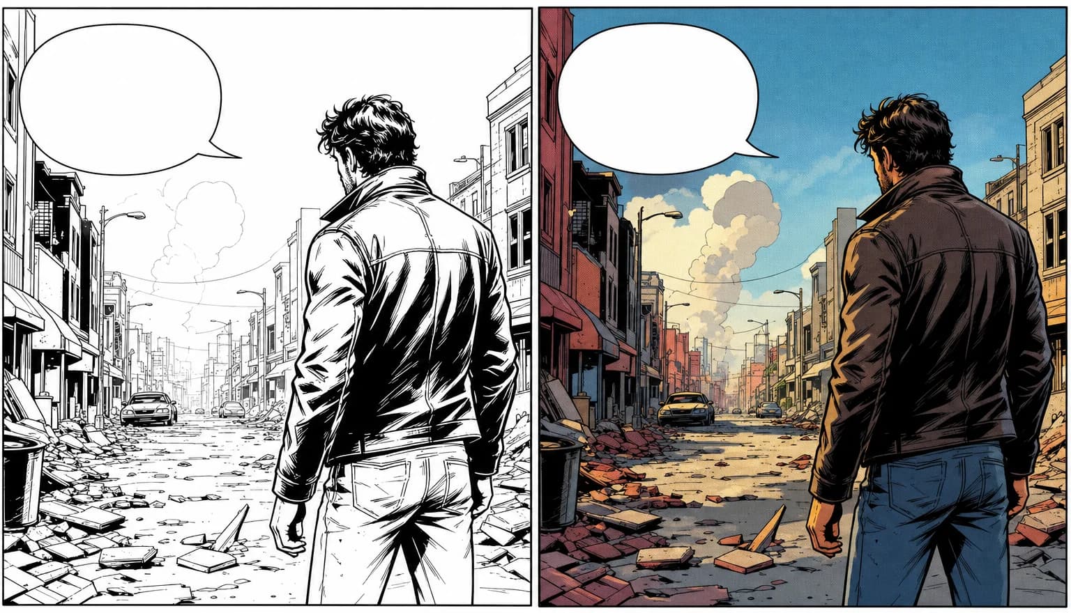 A vividly coloured comic spread of a chase through a neon-lit alley, painted shading and deep blacks