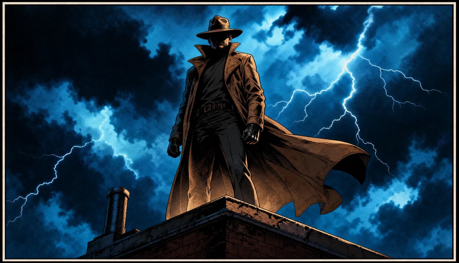 Une couverture de bande dessinée peinte, arborant en haut le logo de la série « Chrome » et représentant un héros solitaire éclairé par l'arrière