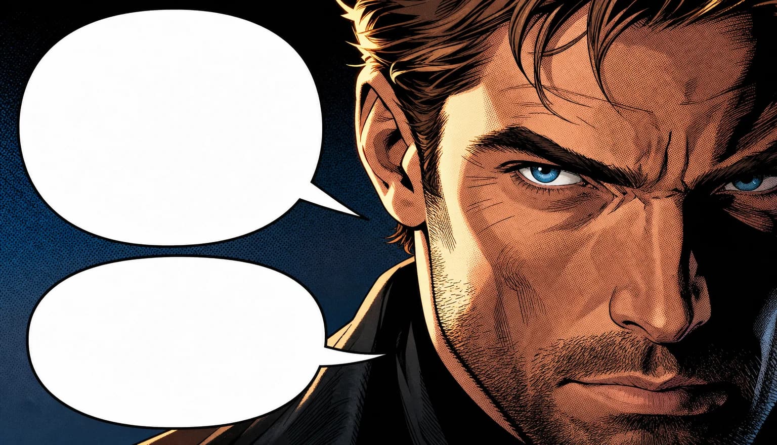A comic panel with an editable speech balloon selected over the artwork and a yellow narration caption box beside it