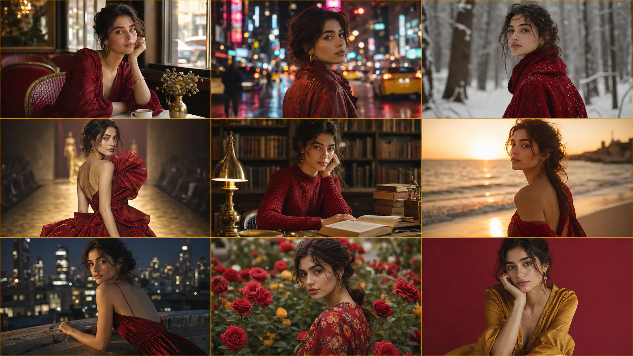 Générateur d’images par IA — le même artiste généré par l’IA apparaît dans différentes scènes avec un visage et un style cohérents