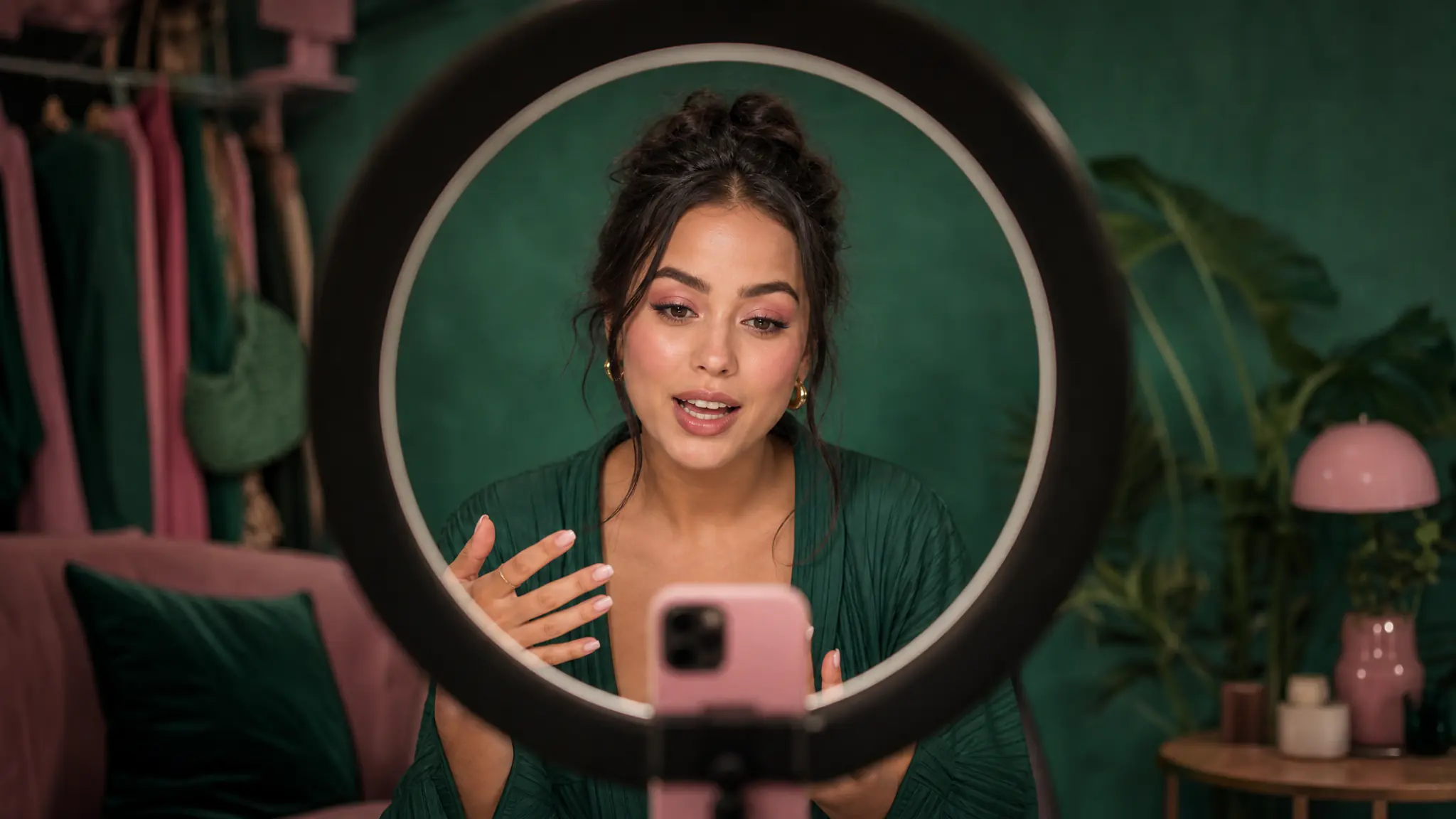 AI influencer creator — vertical UGC-style talking head ad with product placement