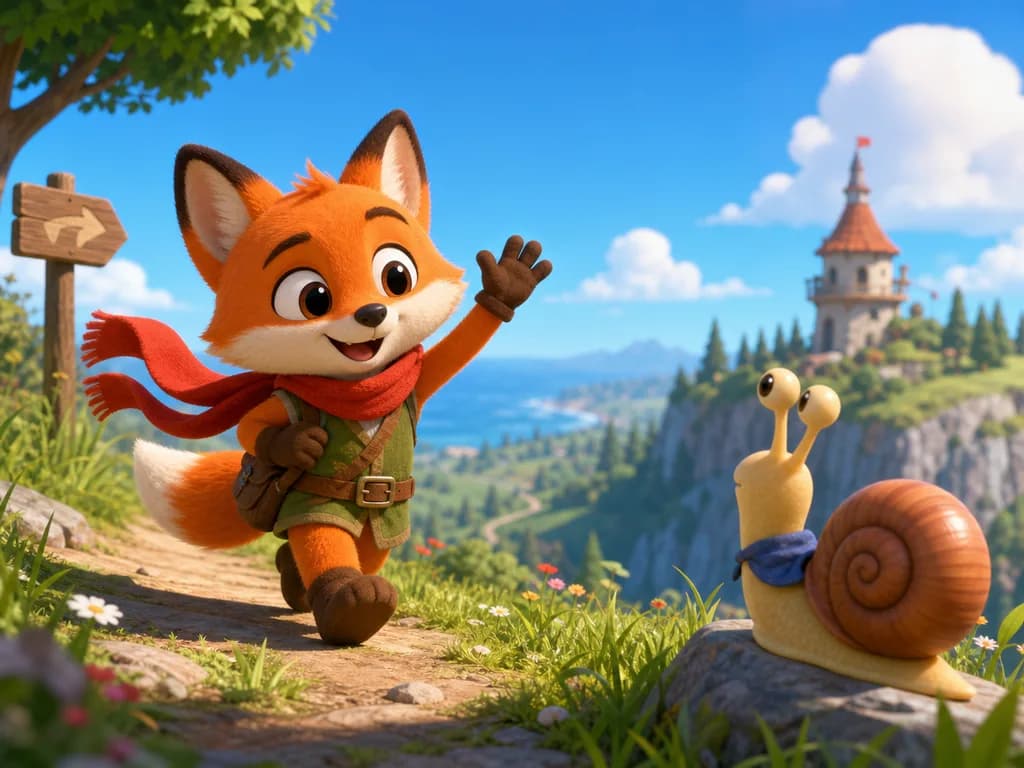 Une image de dessin animé 3D lumineuse : un petit renard à l'écharpe rouge saluant un escargot sur une colline ensoleillée