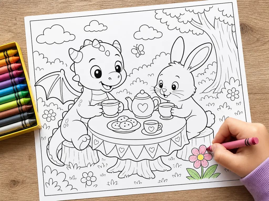 Un coloriage noir et blanc d'un dragon prenant le thé, à côté de crayons, un coin colorié par une main d'enfant