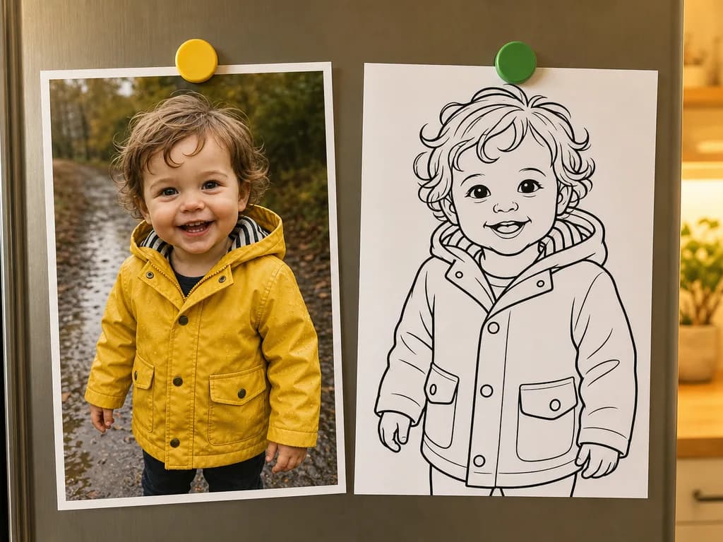 La photo d'un tout-petit sur un frigo à côté du même enfant en coloriage noir et blanc