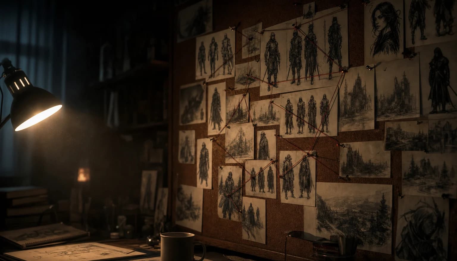 A dim studio wall of pinned ink character studies and location sketches linked by red thread