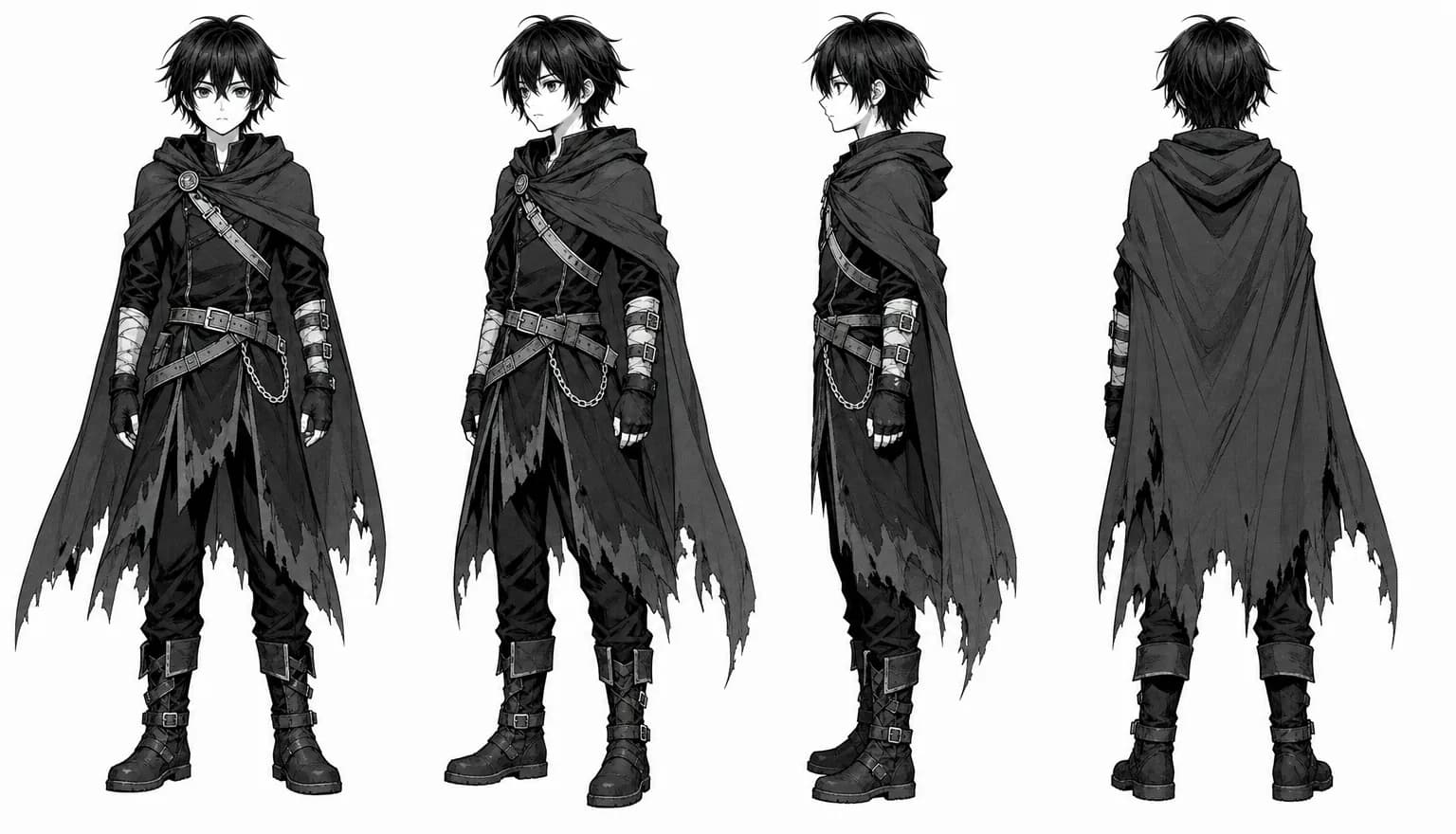 Ein schwarz-weißes Manga-Modellblatt, das eine Figur von vorne, im Dreiviertelprofil, im Profil und von hinten zeigt