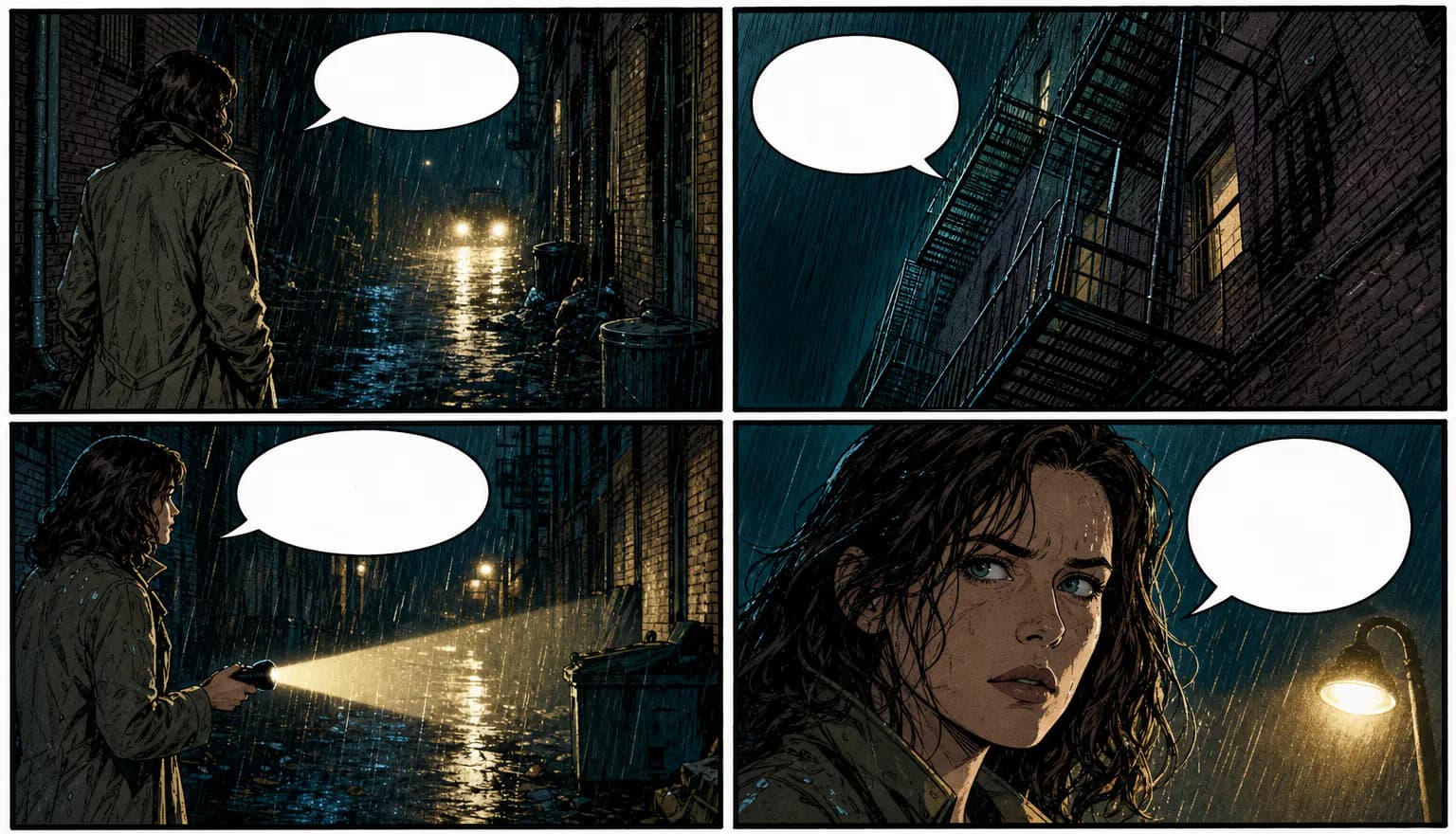 Eine vierteilige Farbcomicseite, auf der ein Detektiv nachts eine regennasse Gasse durchsucht