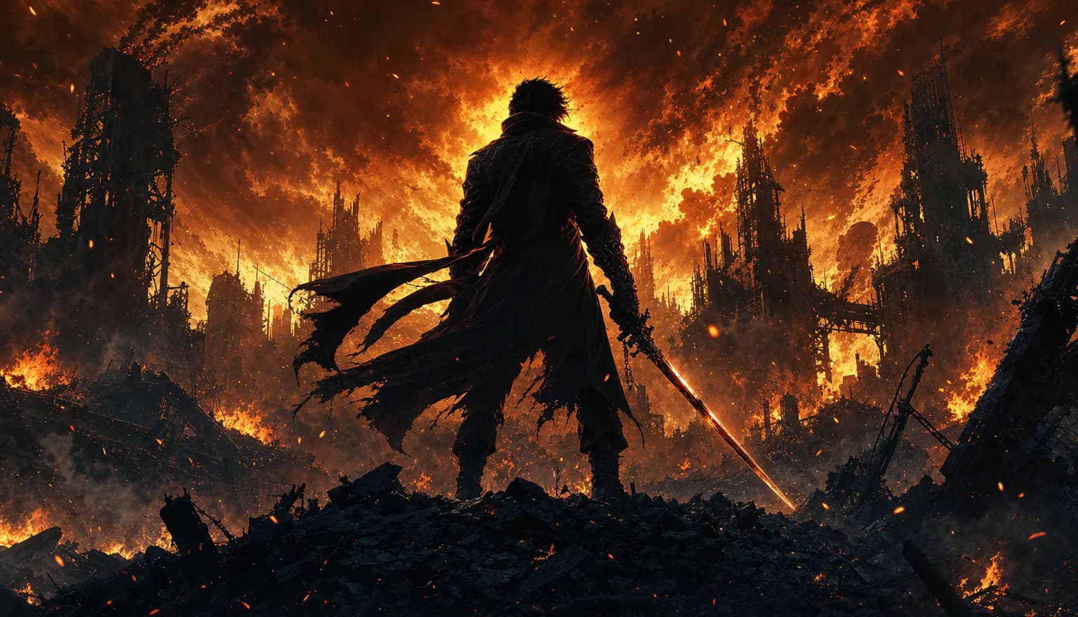Ein gemaltes Comic-Cover, das einen einsamen Schwertkämpfer als Silhouette vor einem leuchtend orangefarbenen Himmel über einer zerstörten Stadt zeigt