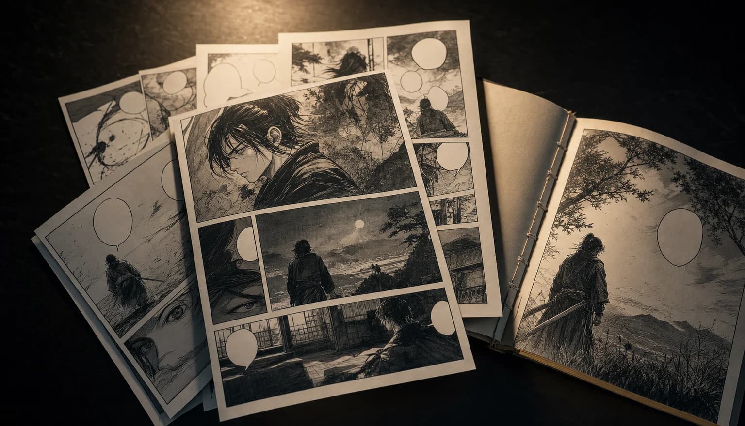 Printed comic pages fanned across a dark table beside an open bound volume