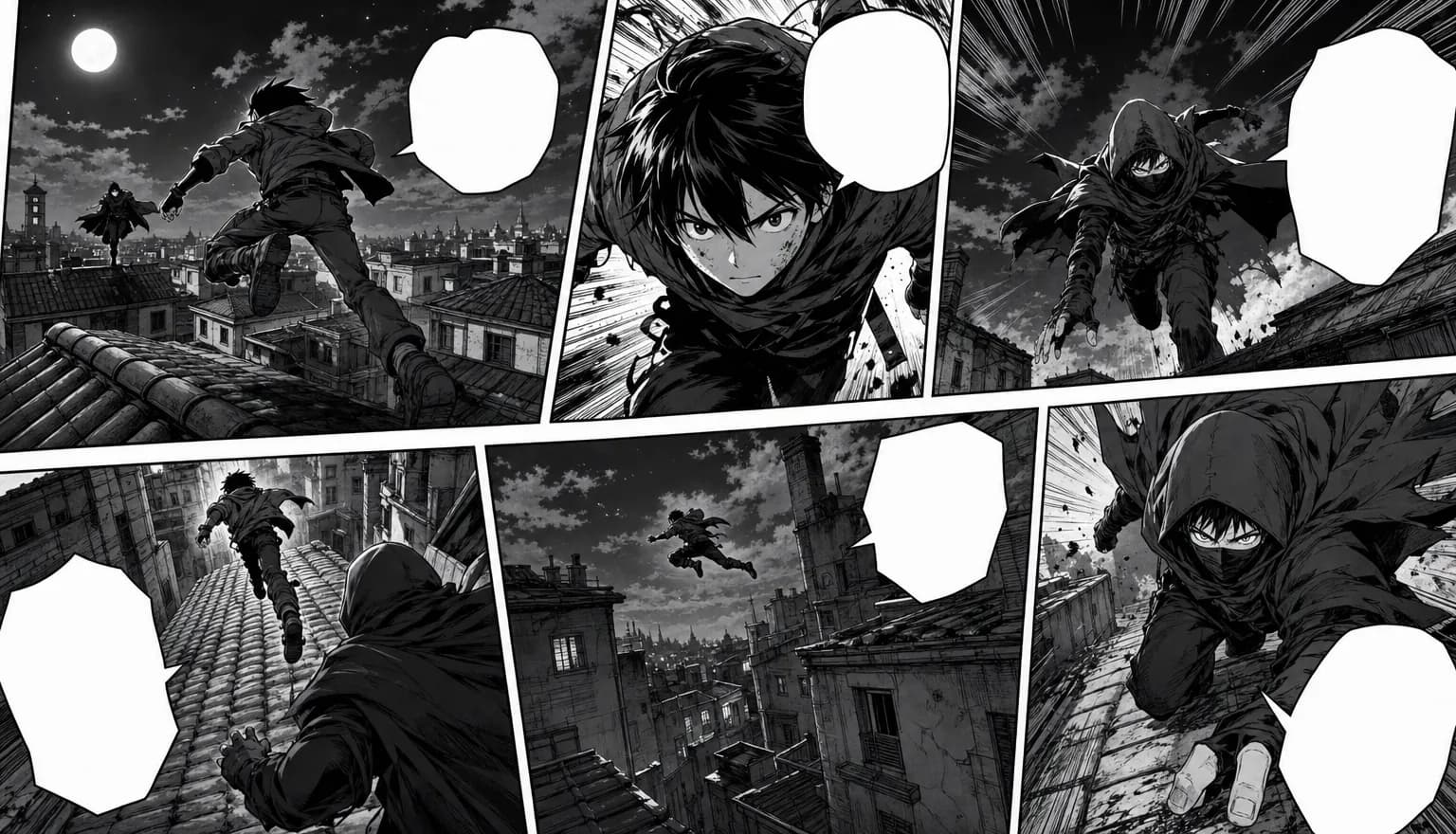 A six-panel black-and-white manga page of a rooftop chase with speed lines and heavy inks