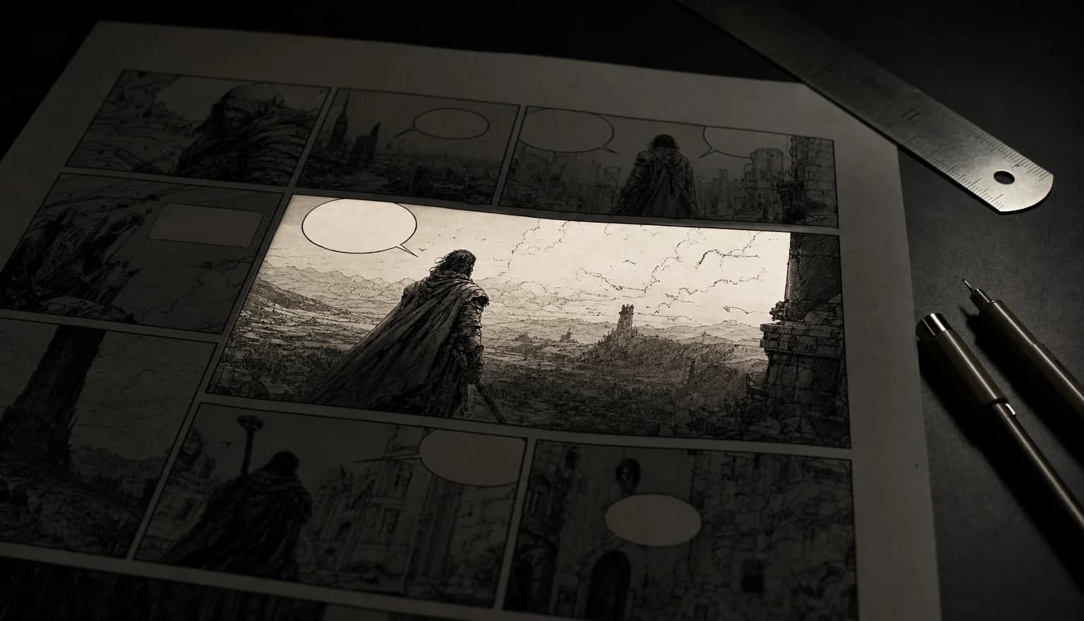 An inked comic page on a dark light table with one panel isolated in a bright rectangle of light