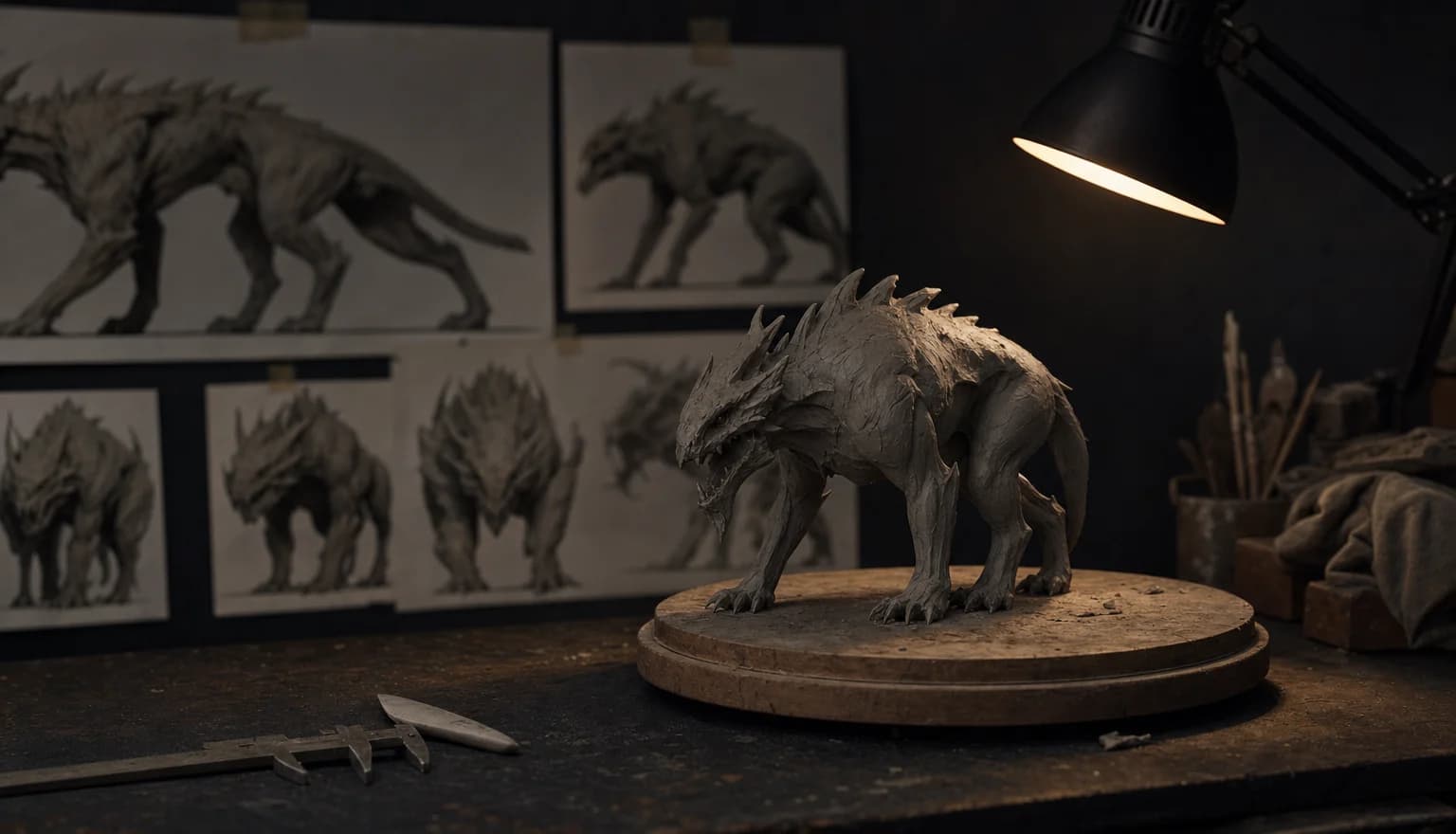 An art director's dark studio table with pinned reference prints and a grey clay maquette taking shape under a lamp
