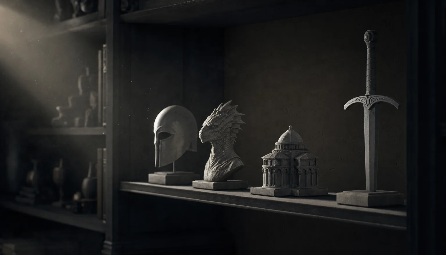 A dark archive shelf lined with a row of grey sculpted props — helmet, creature bust, small building, sword