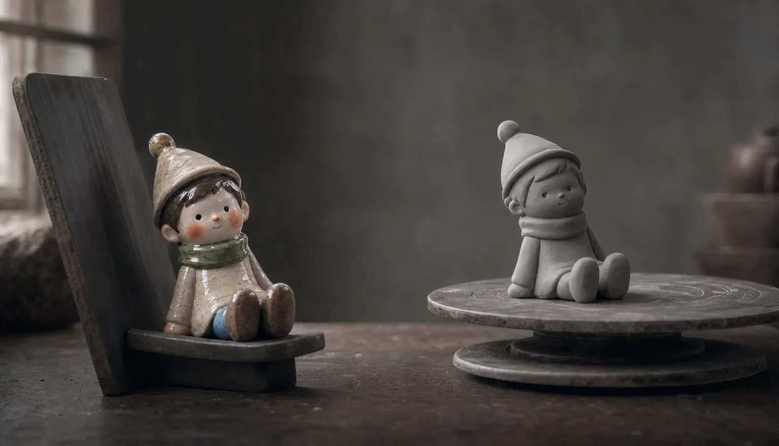 A painted ceramic figurine beside the same character as an unpainted grey clay sculpture on a turntable