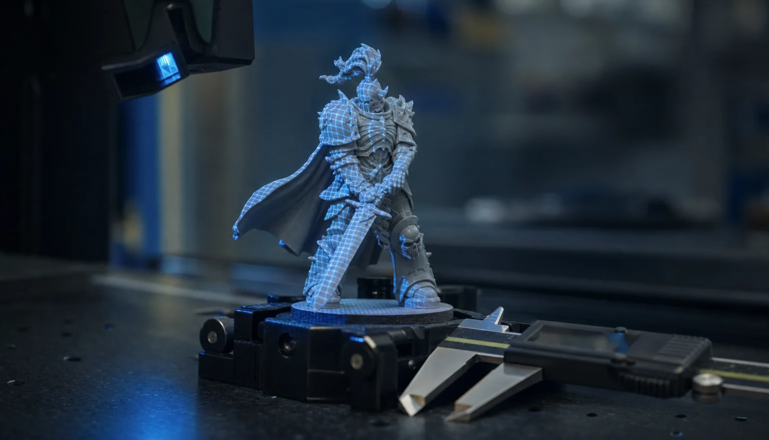 A matte grey resin figurine clamped on an inspection bench under cold light with digital calipers beside it