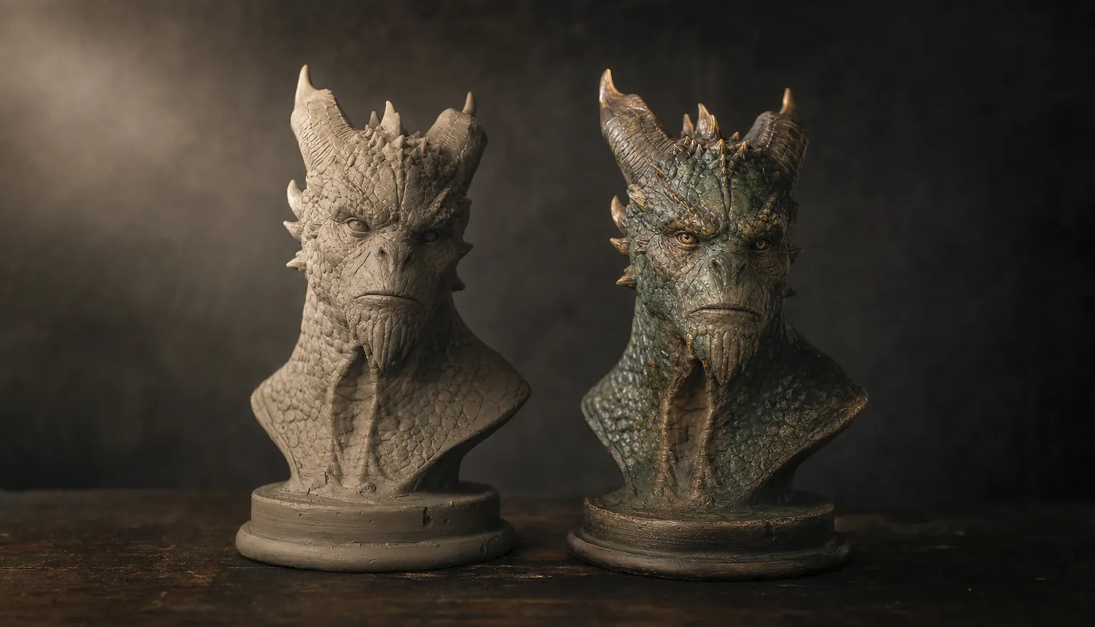 Two identical creature busts side by side, one raw grey clay and one finished in painted green and bronze scales