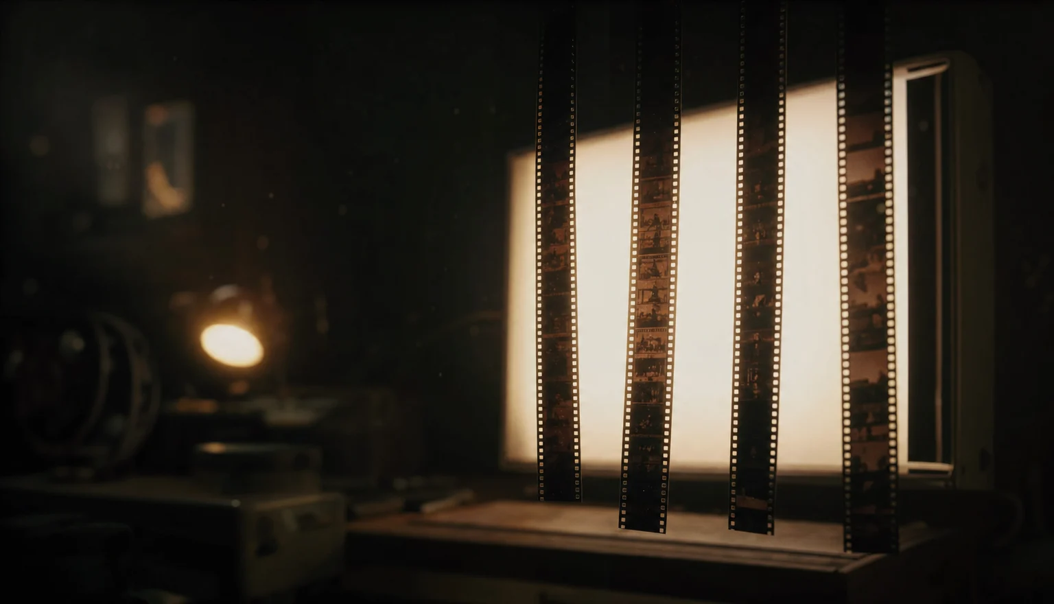 Strips of exposed 35mm film hanging at different heights over a lightbox in a dark editing room
