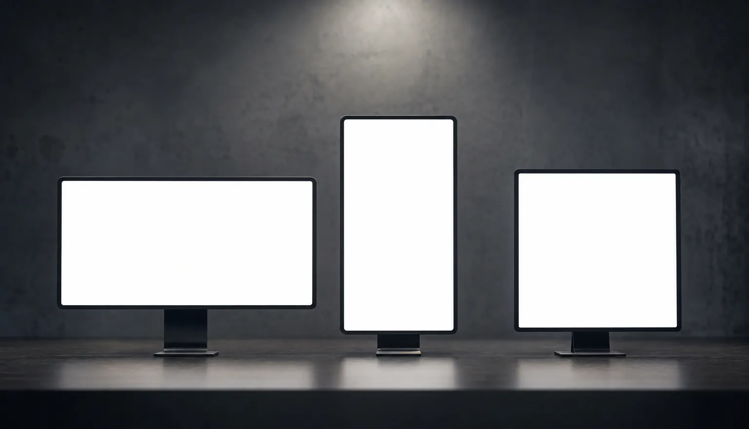 Three blank illuminated screens in landscape, portrait and square shapes on a dark desk