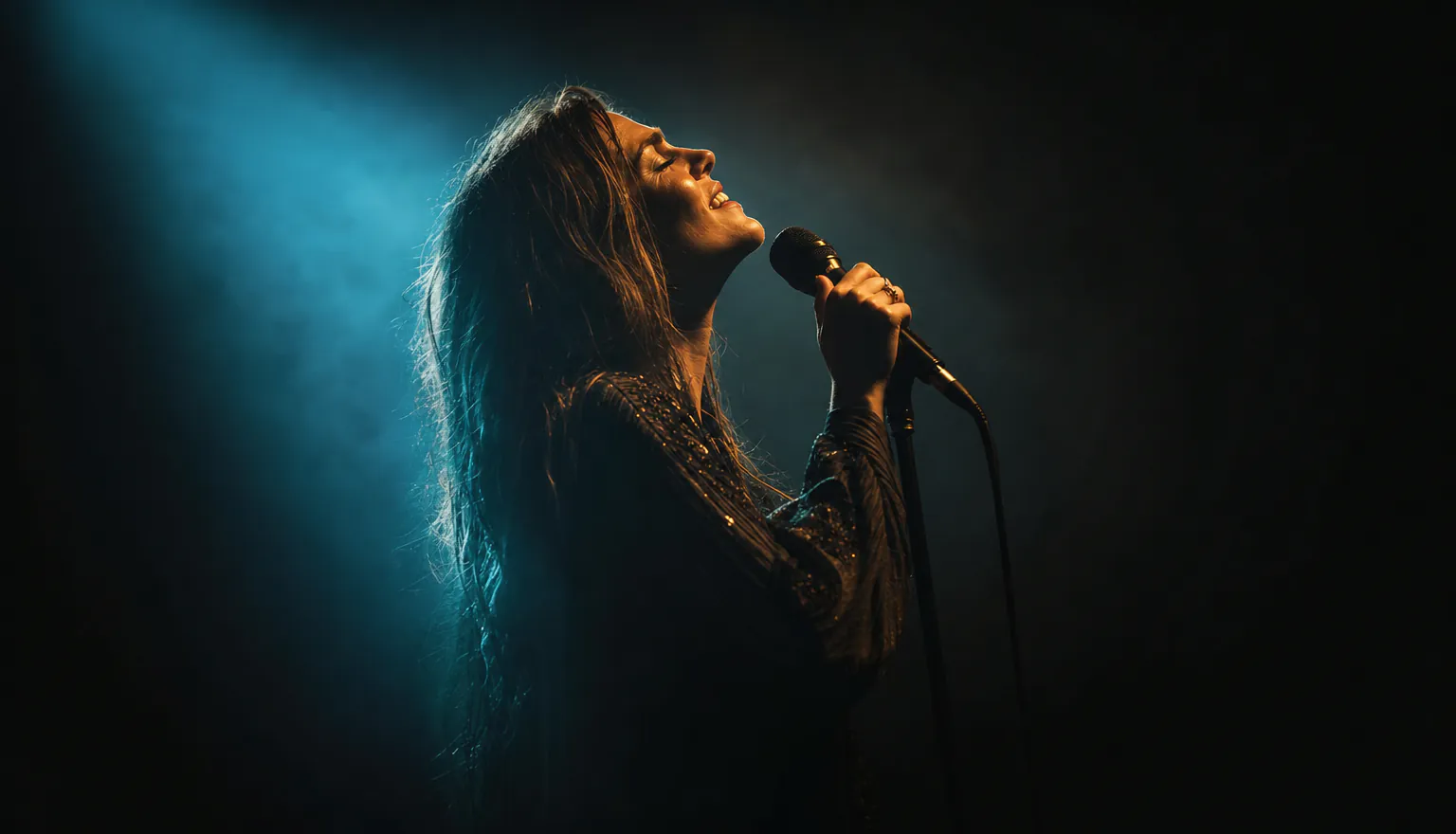 A singer photographed from the side mid-performance in a cyan stage beam with haze