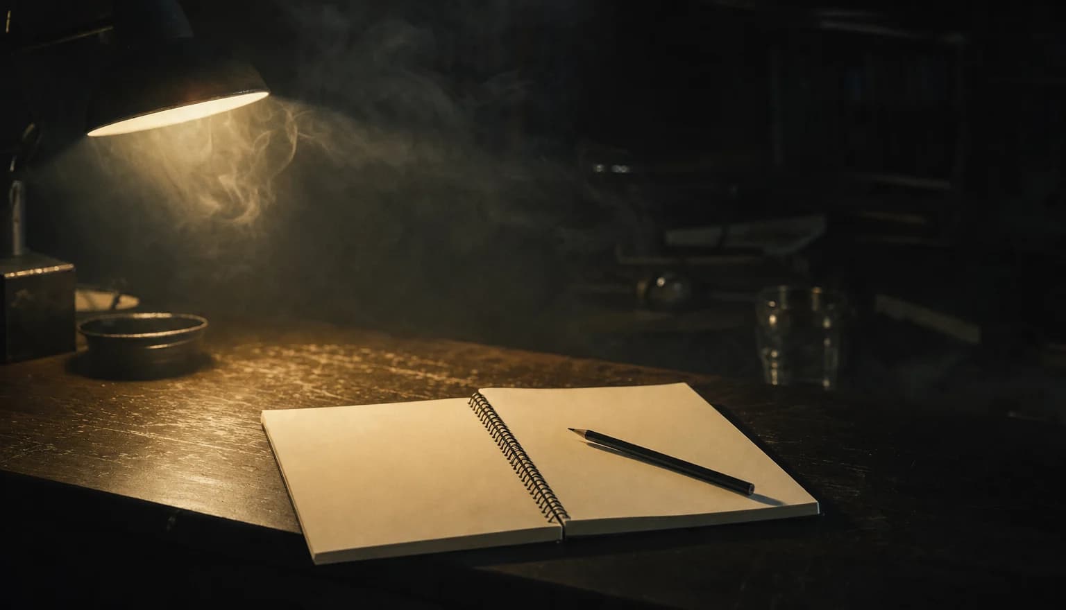 An open notebook with blank pages and a pencil on a dark desk under a single lamp