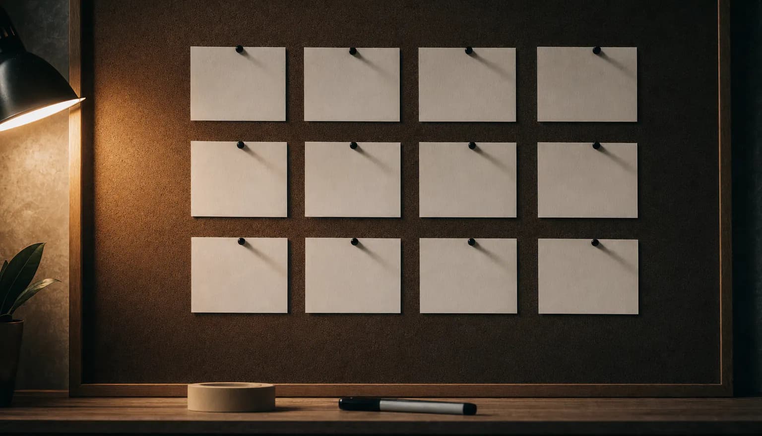 Twelve blank storyboard cards pinned in a three-row grid on a dark cork board