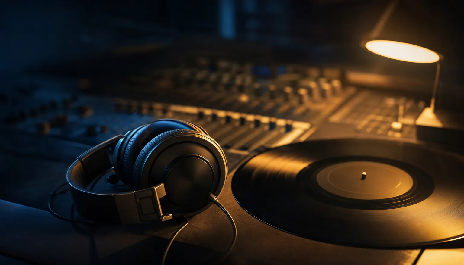 Studio headphones resting on a mixing desk beside an unlabelled vinyl record under a warm lamp