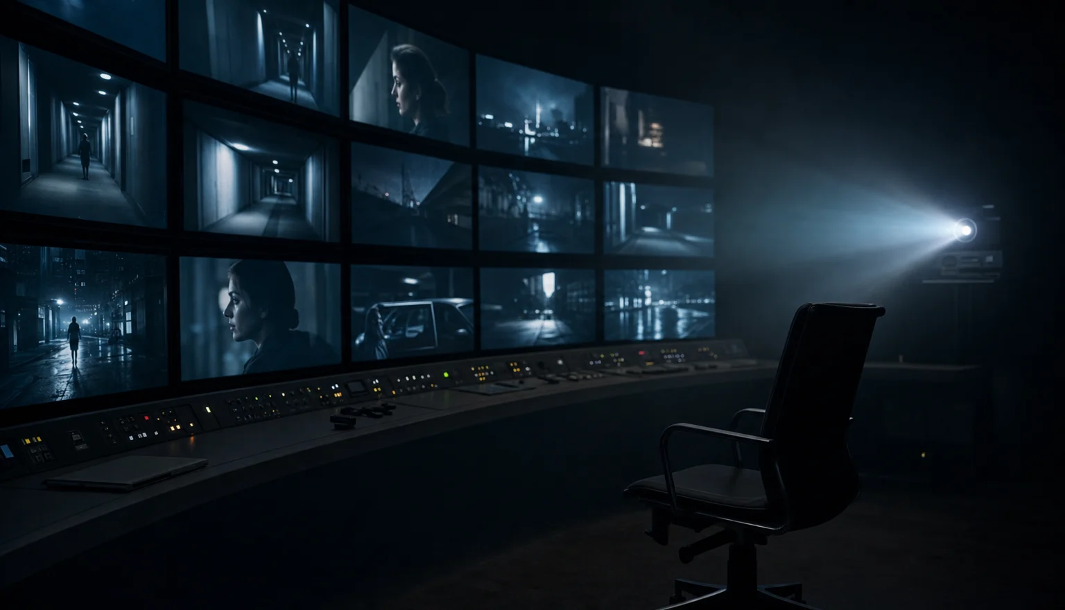 A dark, empty broadcast control room where a wall of small monitors each shows a different frame from the same drama