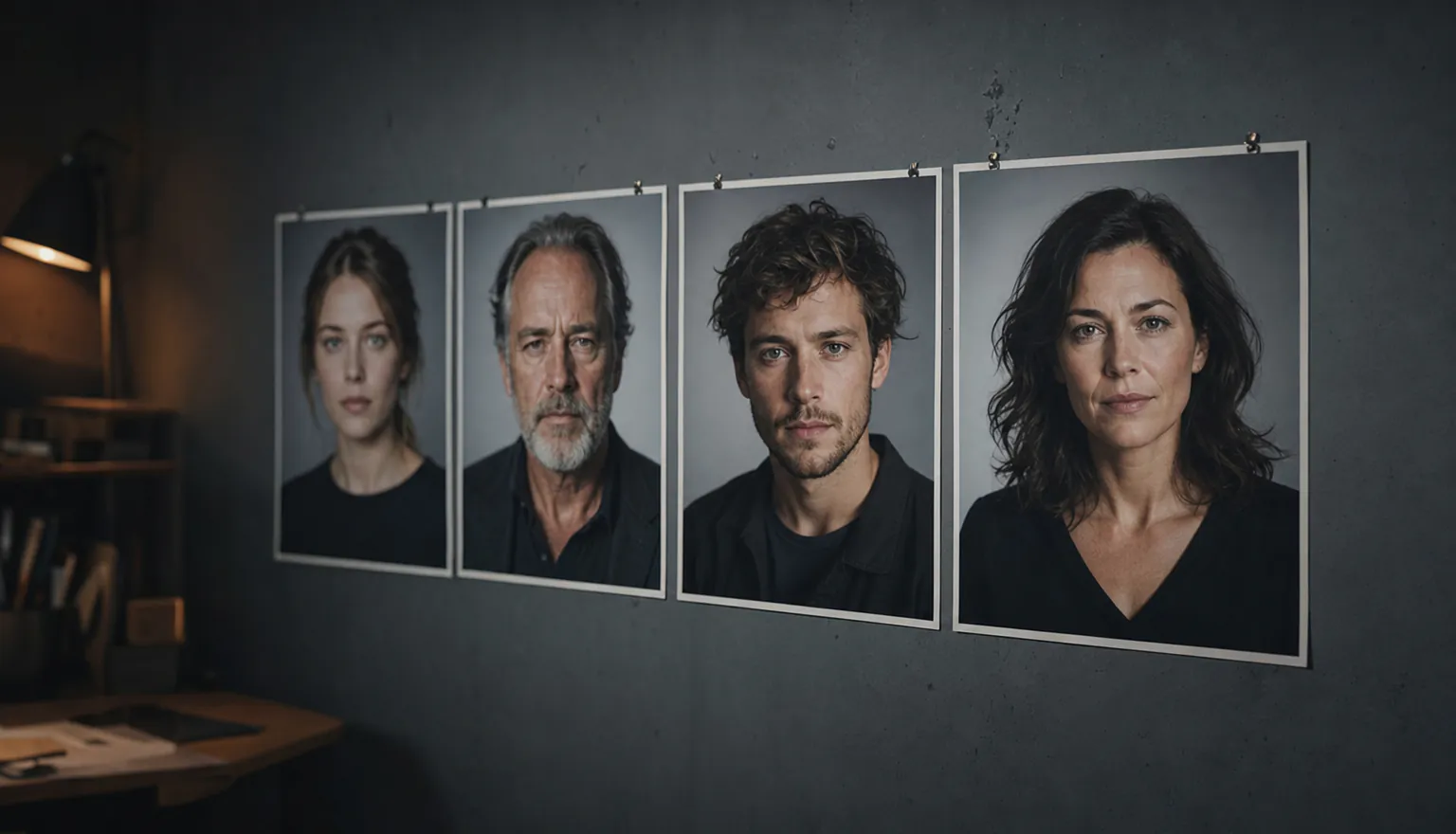 Four printed actor headshots pinned in a row on a dark casting wall