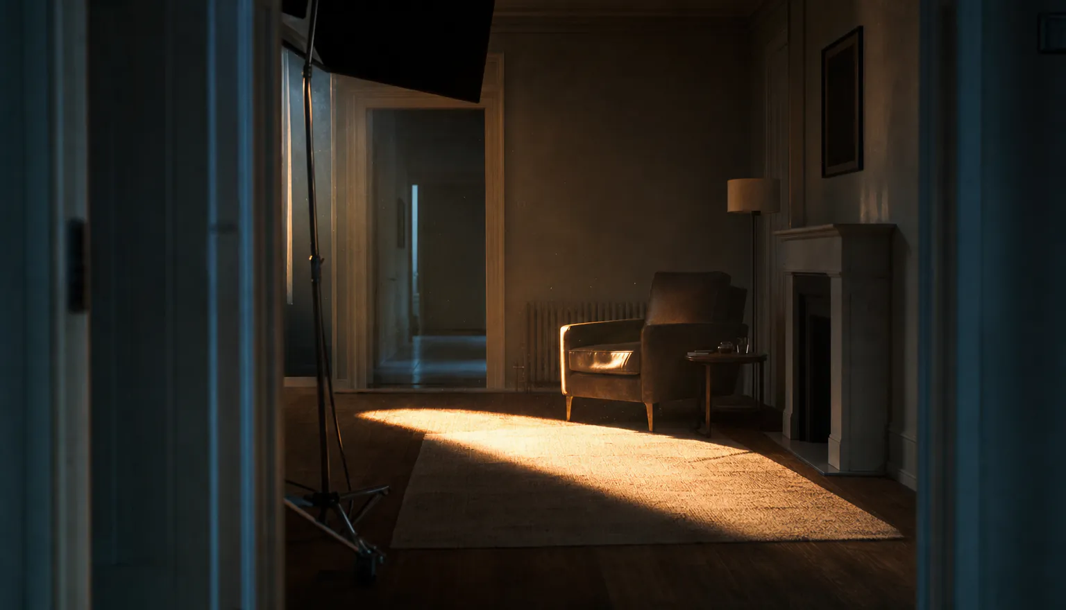Eine leere Wohnung, aufgenommen zur „Golden Hour“, mit einem Film-Beleuchtungsstativ knapp innerhalb des Bildausschnitts
