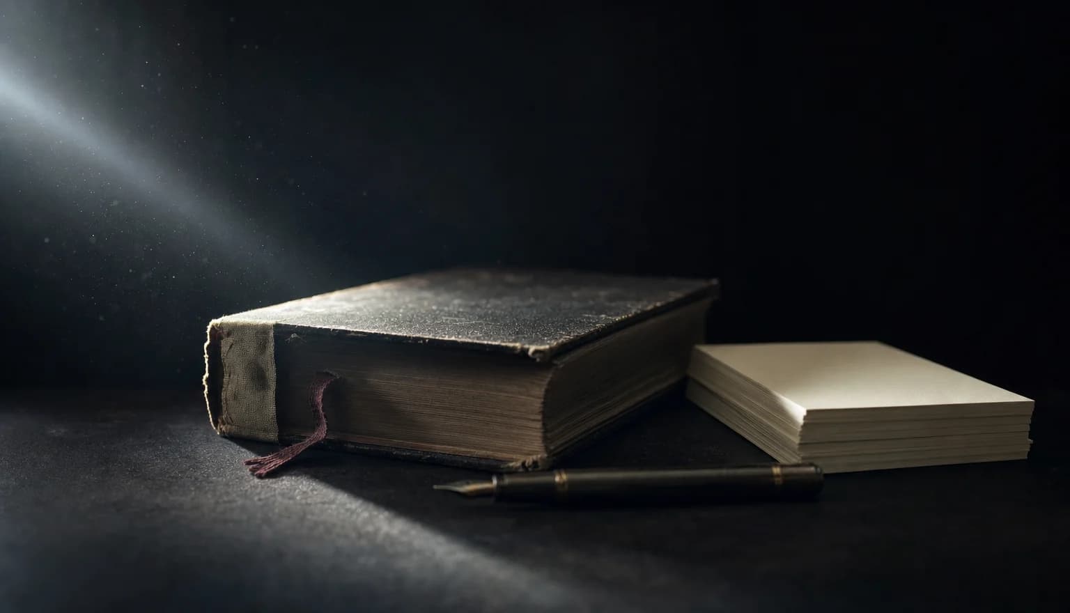 A worn hardback novel lying closed on a black table beside a stack of blank index cards under one narrow beam of light