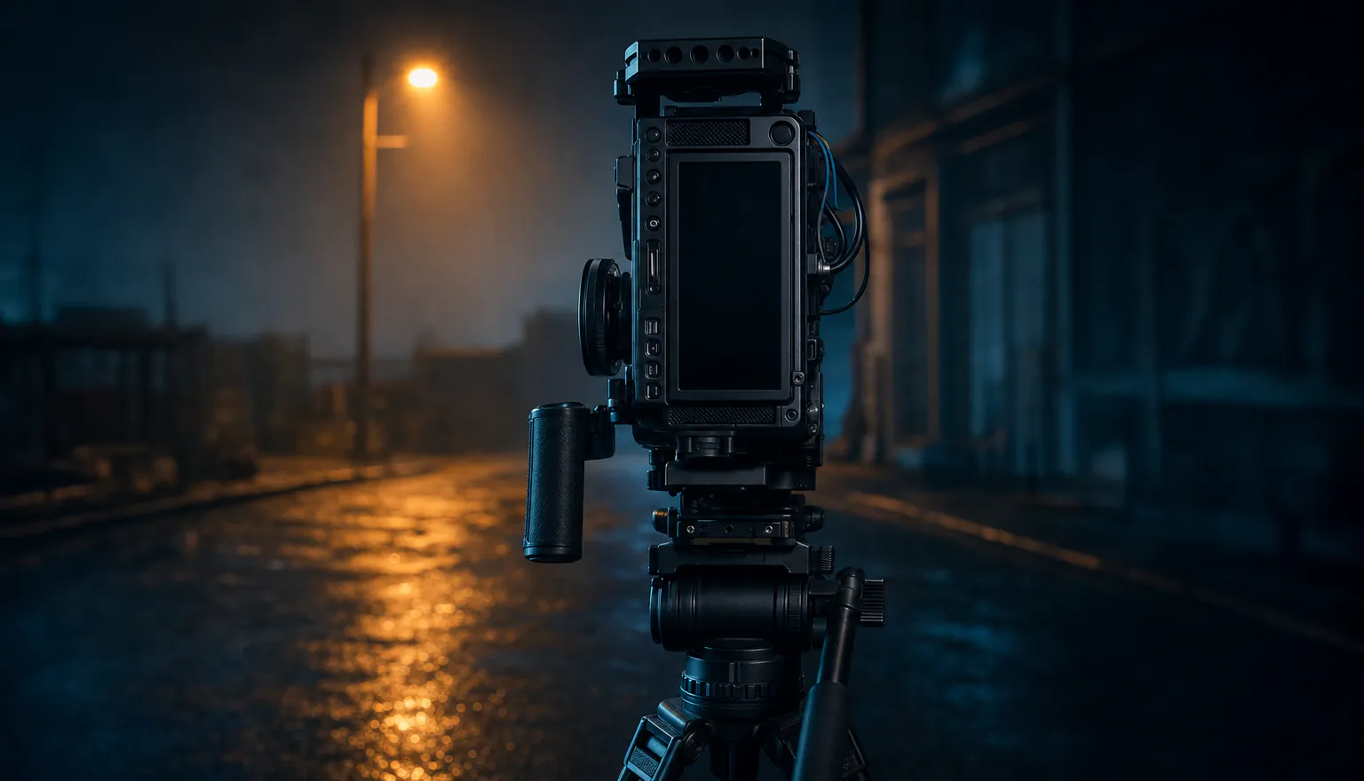 A cinema camera turned on its side in a portrait rig, filming a wet night street