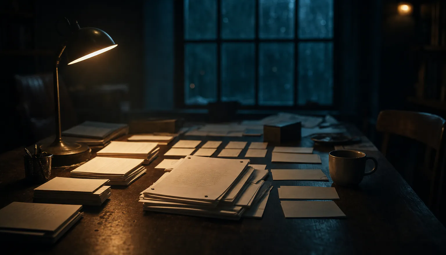 Script pages and index cards spread across a writers-room table under a single desk lamp at night