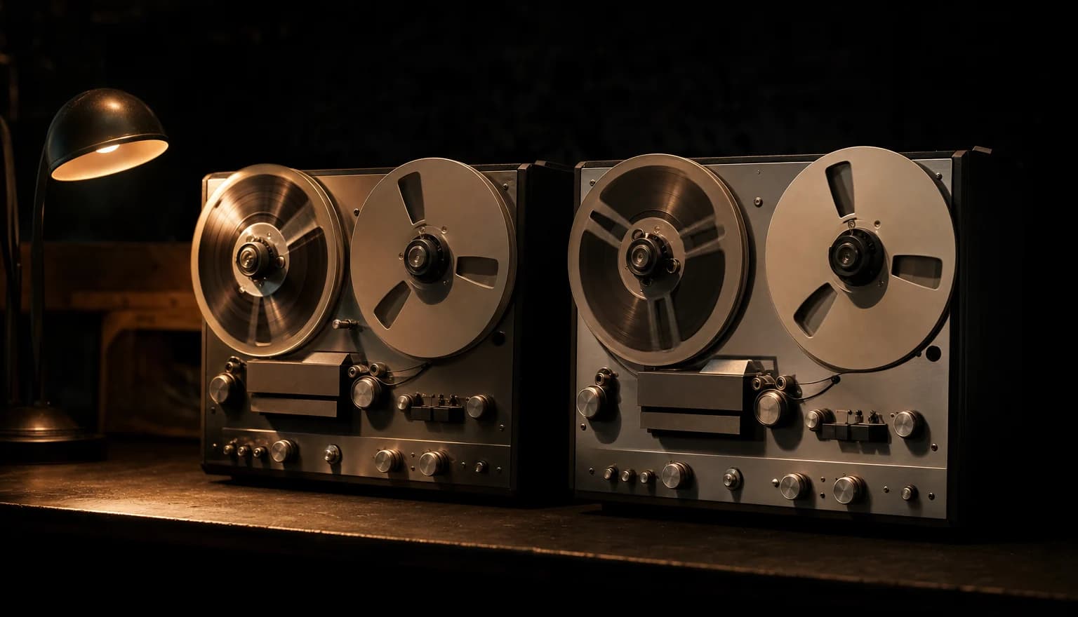 Two identical reel-to-reel tape machines side by side on a dark studio bench under one lamp