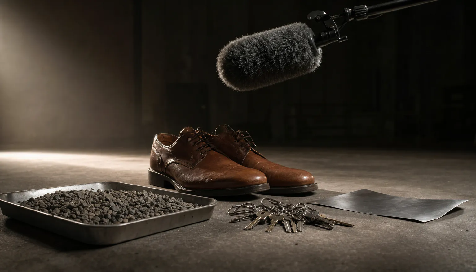 Foley props on a dark floor beneath a boom microphone — leather shoes, a tray of gravel, keys and a metal sheet