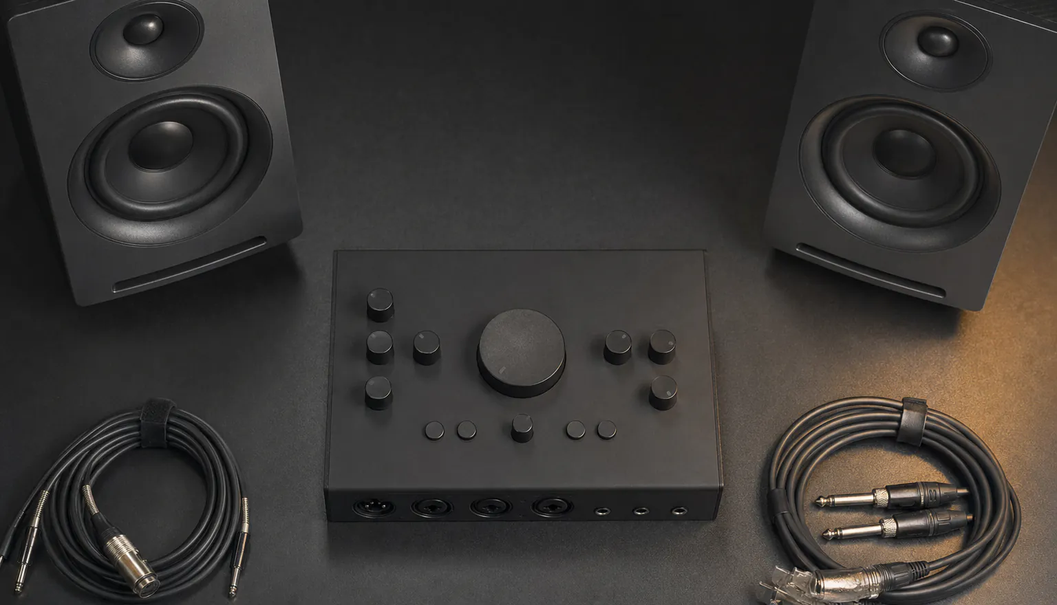 An audio interface between two studio monitors with coiled patch cables on a dark desk, seen from above