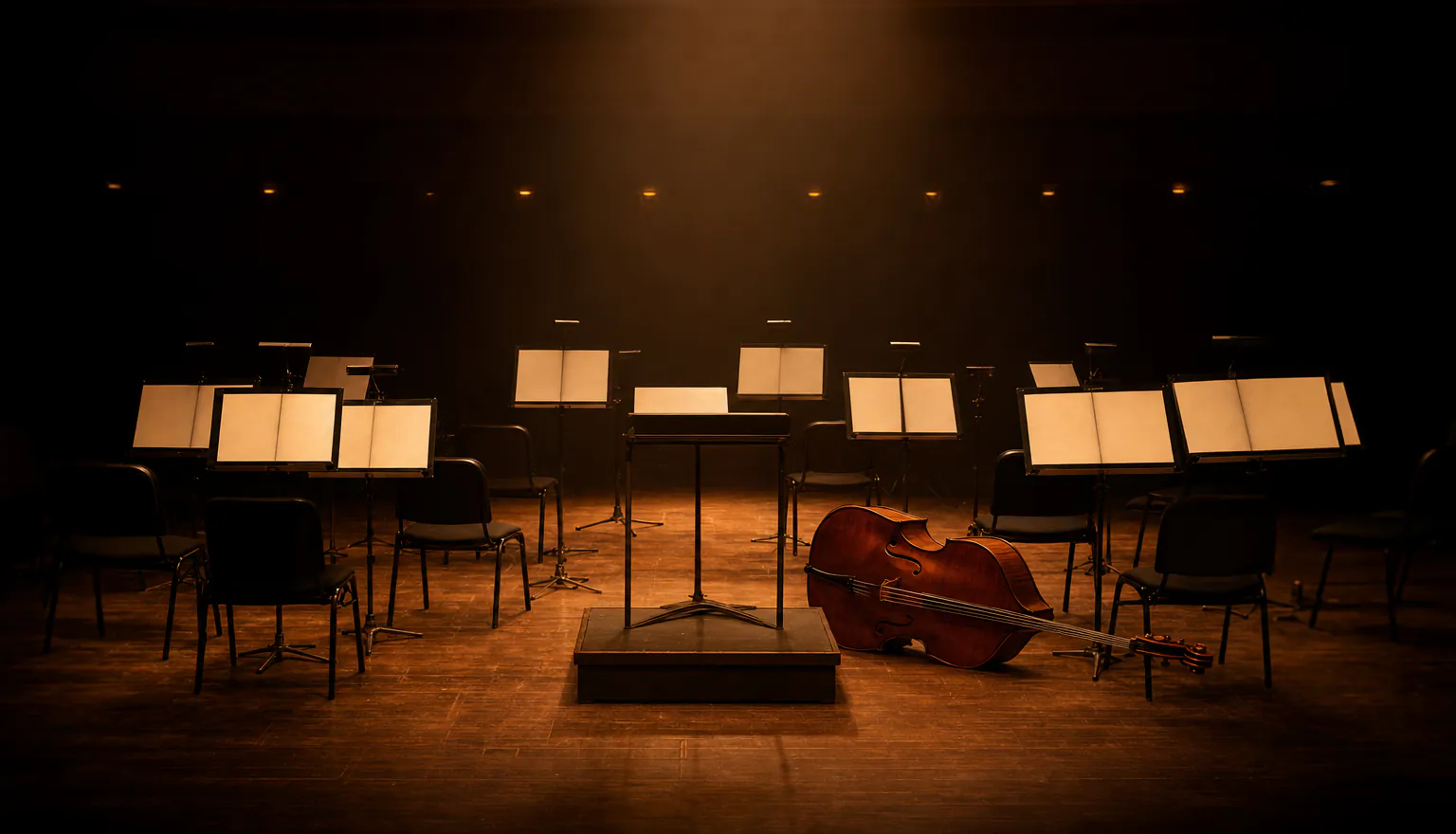 An empty scoring stage with music stands holding blank sheets and a cello resting on its side