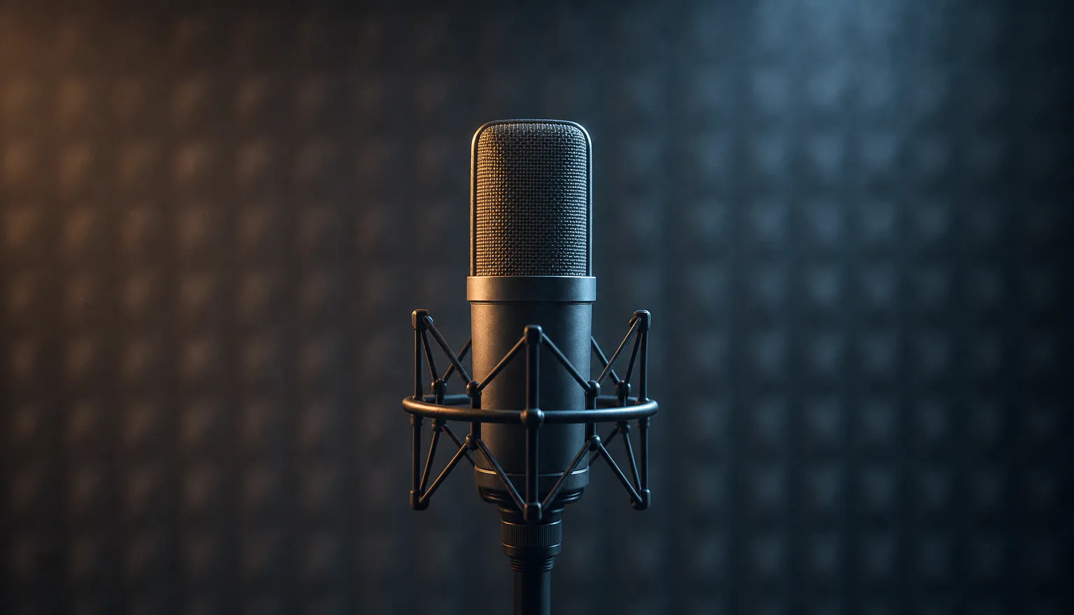 A studio condenser microphone in a shock mount alone in a dark acoustic booth