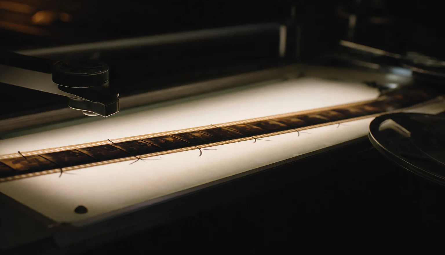 A strip of 35mm film laid across a lit cutting-room bench, marked at intervals with grease pencil