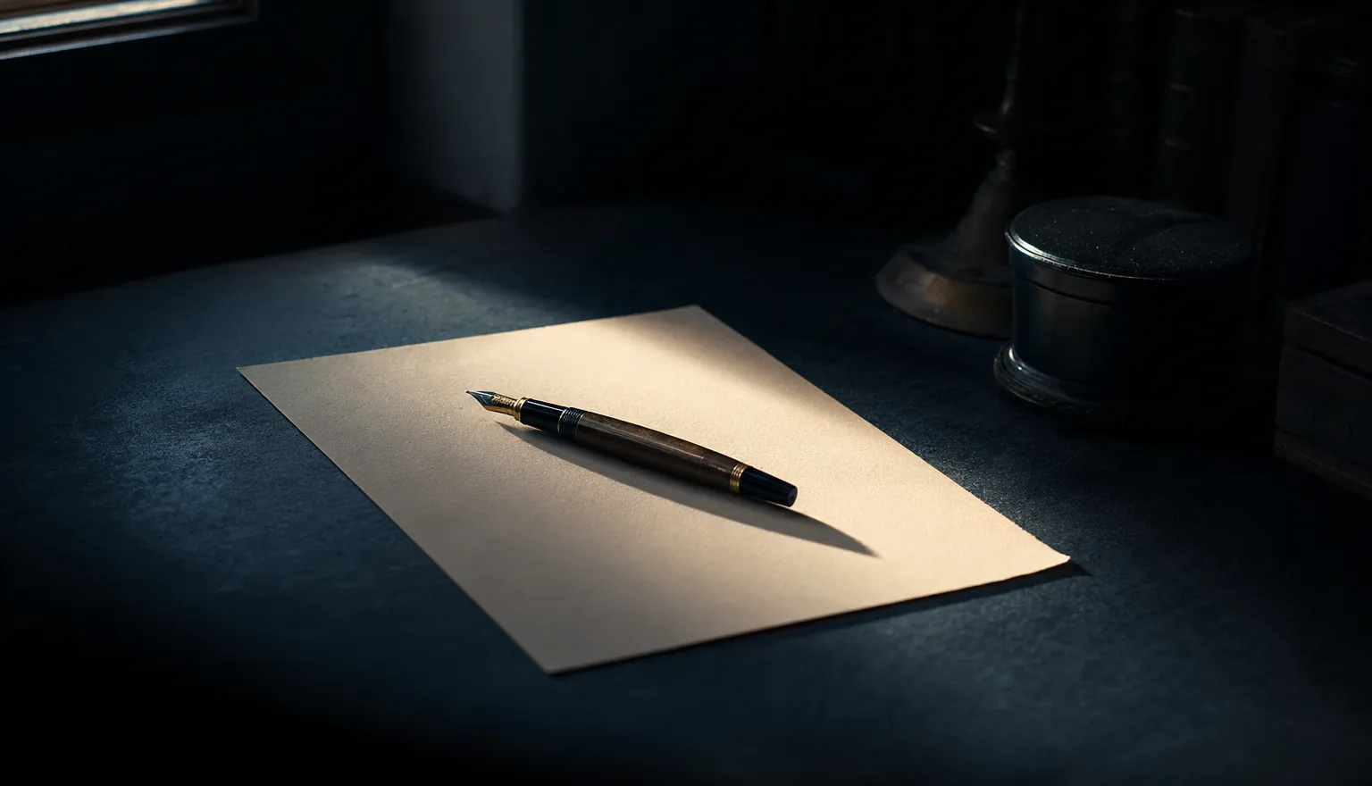 Une feuille de papier crème vierge et un stylo plume posés sur un bureau sombre, baignés par un faisceau de lumière