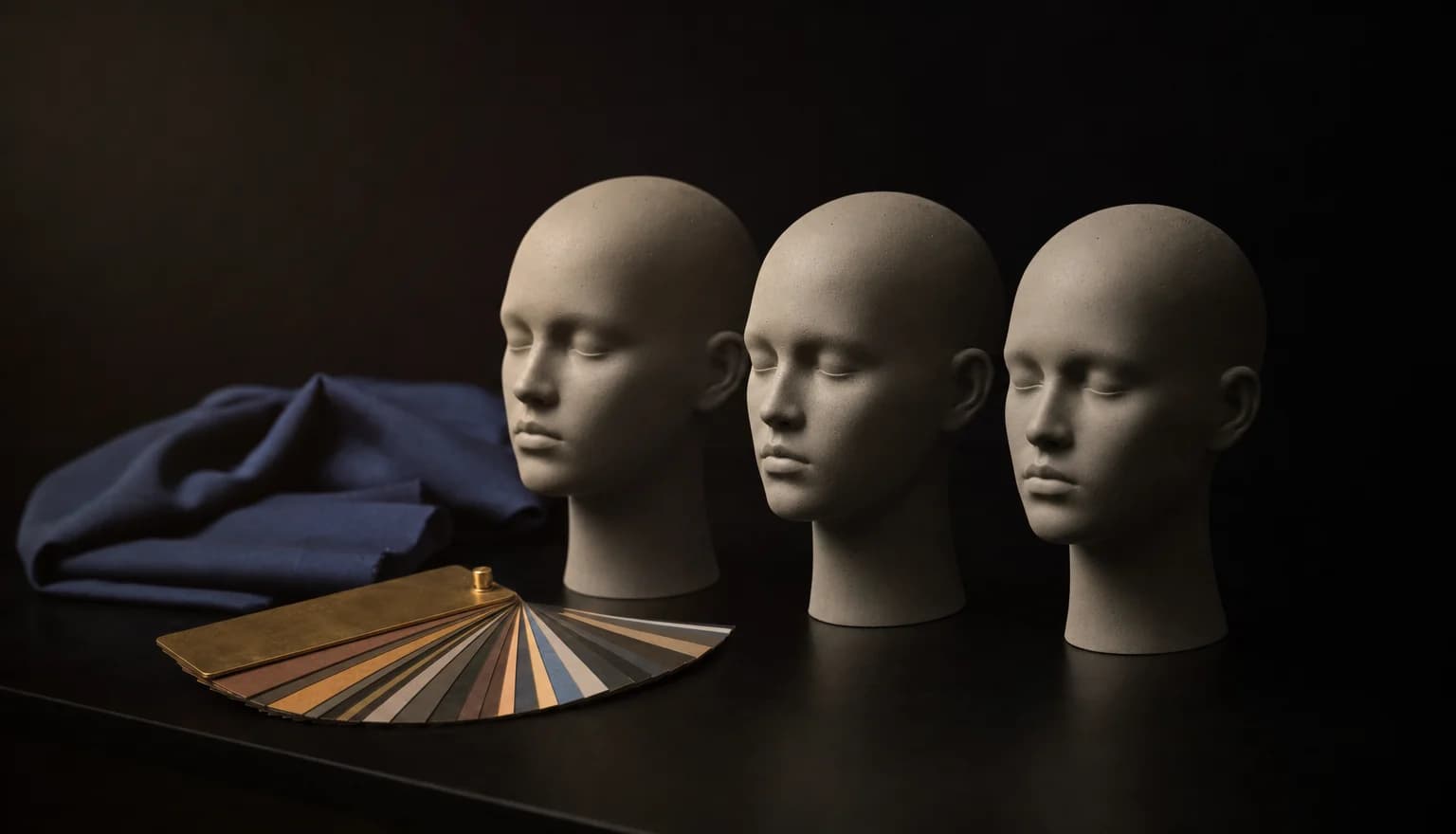 Three unpainted mannequin heads in a row on a dark studio table beside a folded blue fabric swatch and a brass colour fan