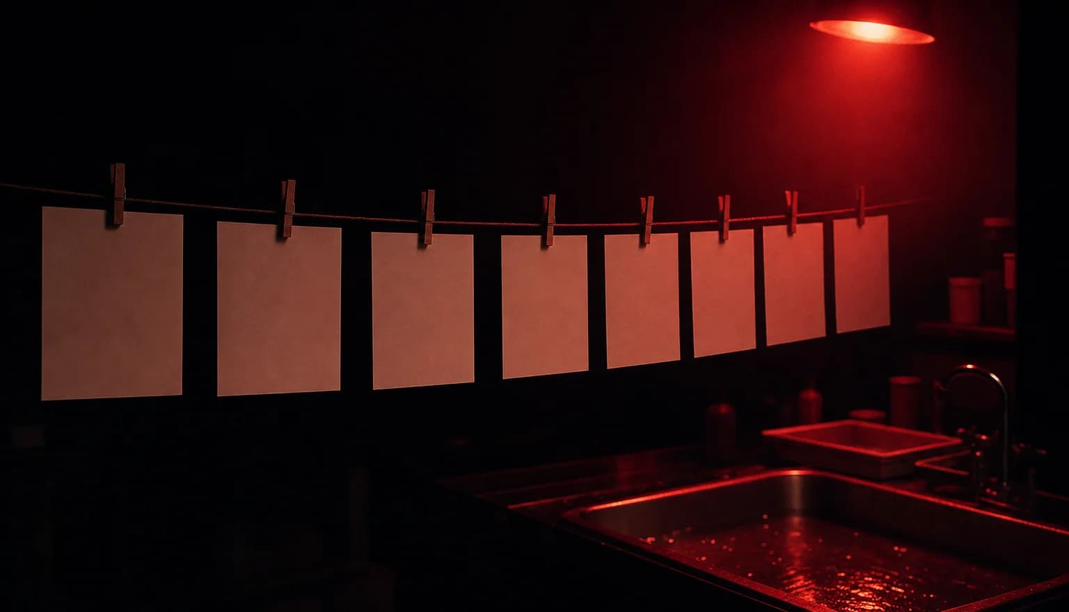 A row of blank photographic prints pegged in sequence on a drying line under a red darkroom safelight