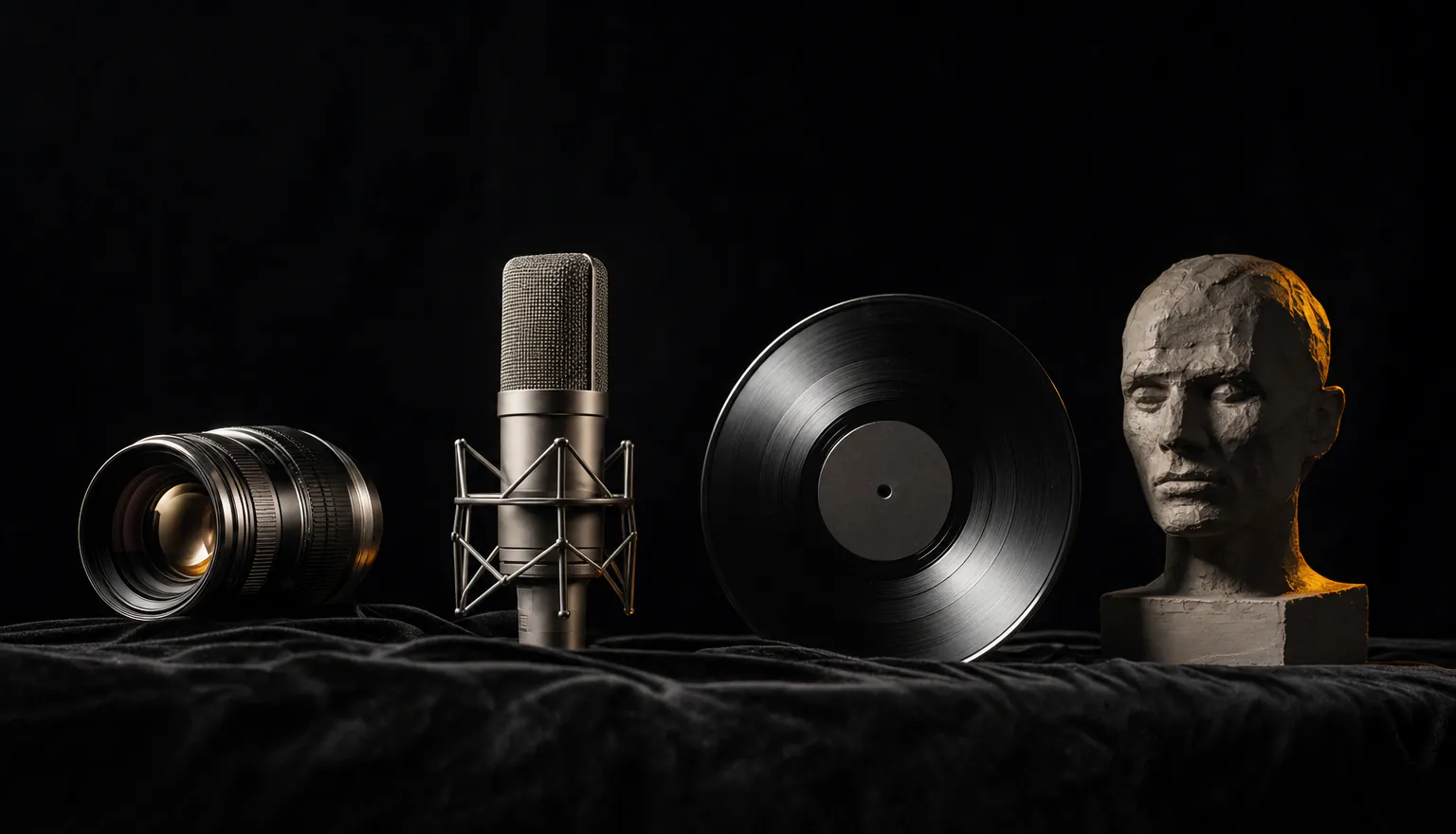 A camera lens, studio microphone, vinyl record and clay head lit like jewellery on black velvet