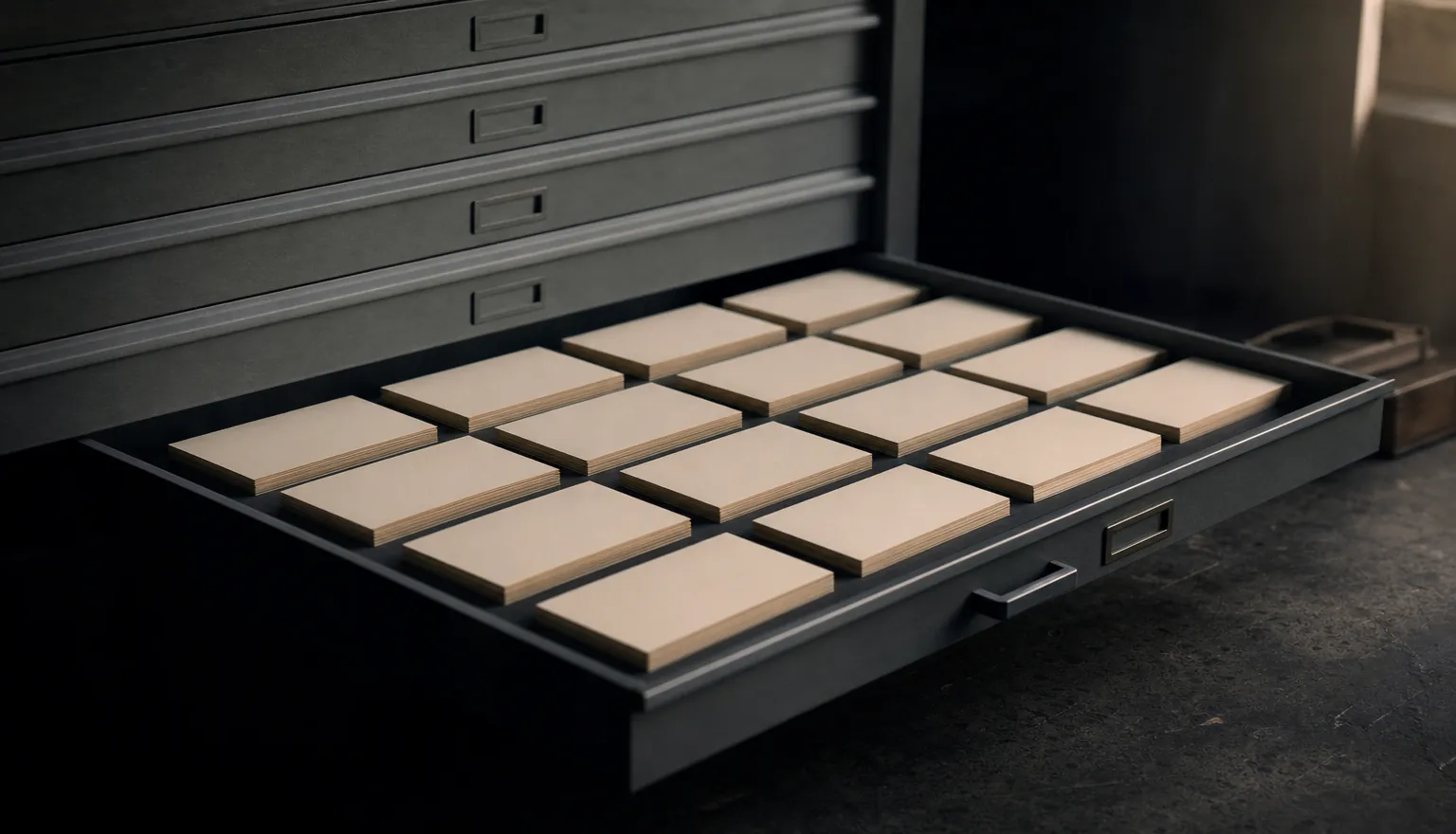An architect flat-file drawer pulled open on an ordered grid of blank cards