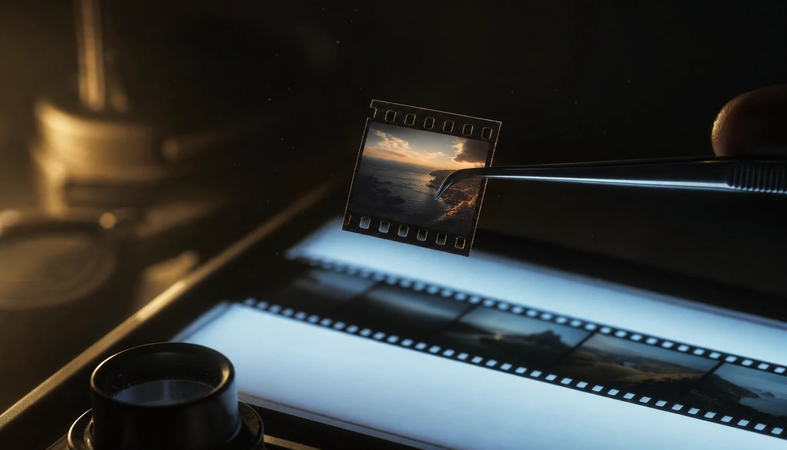 A strip of 35mm film on a lightbox in a dark room with one frame lifted out and held in tweezers