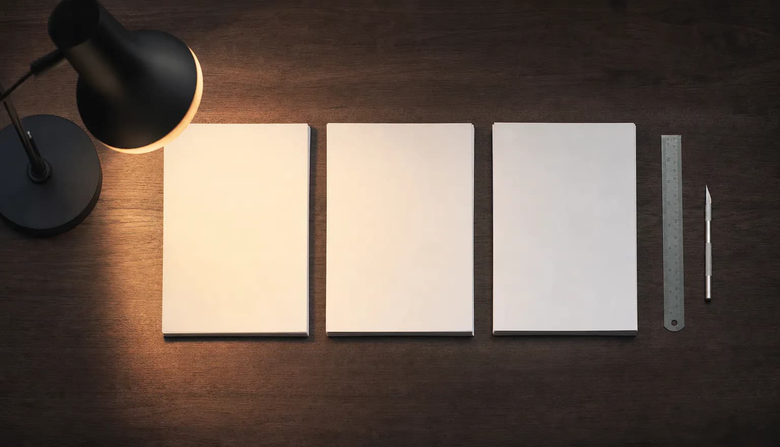 Three blank page mockups laid out in a grid on dark wood beside a steel ruler and scalpel