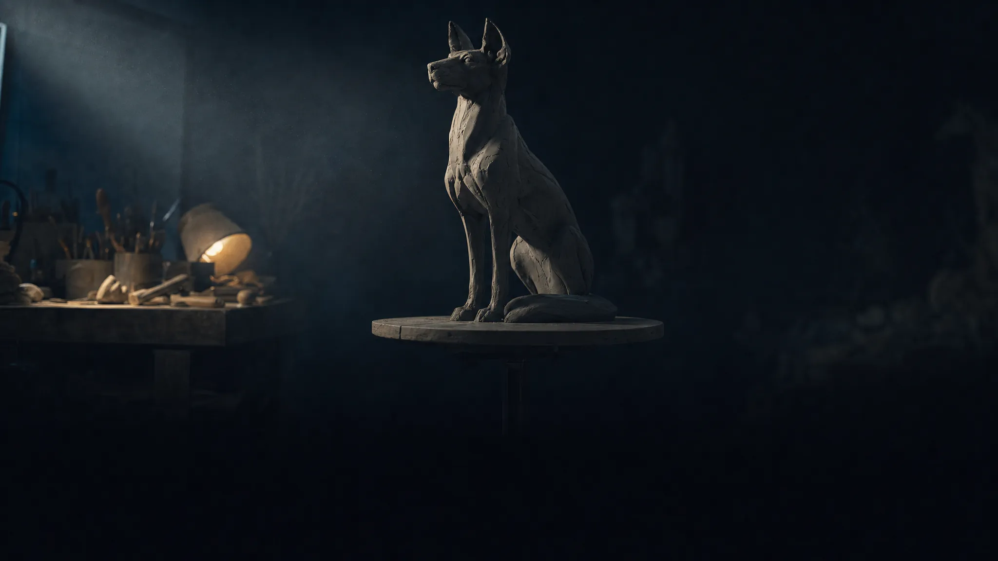 AI 3D model generator — a grey clay maquette on a turntable under a hard key light in a dark sculpting studio