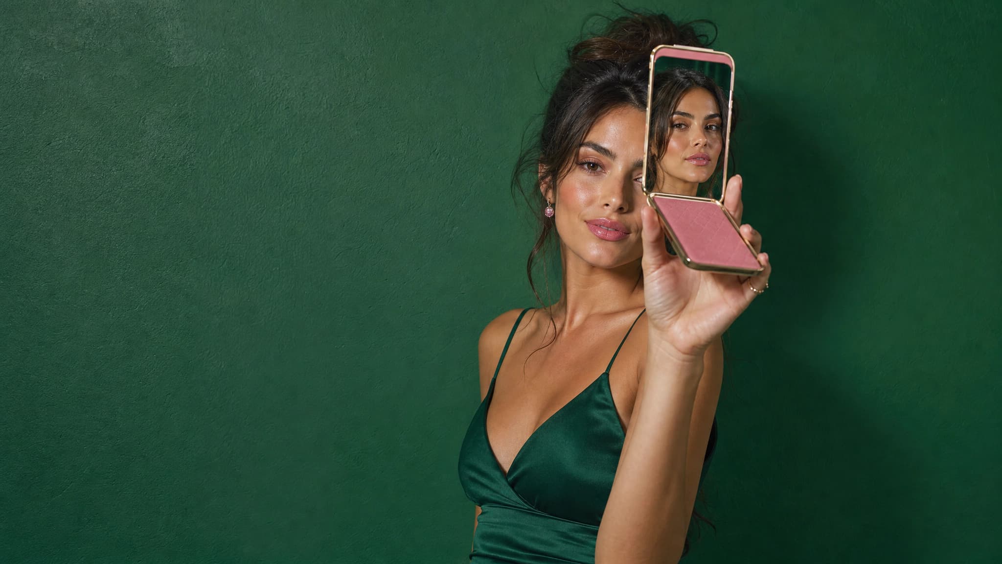 AI influencer creator — portrait of influencer character holding glowing phone with holographic