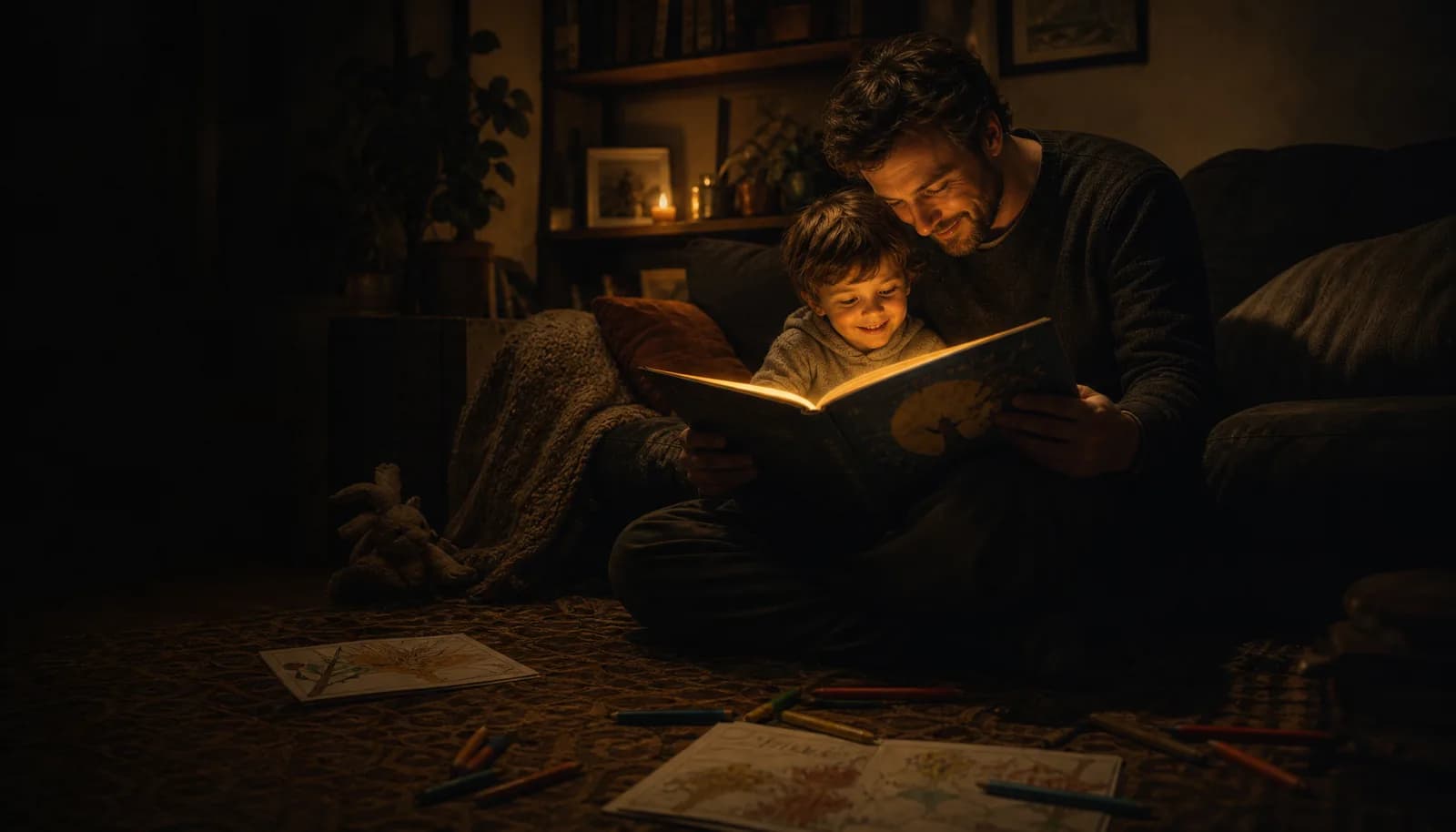 Un parent et un enfant lisant un album lumineux sur un canapé le soir, coloriages et crayons sur le tapis