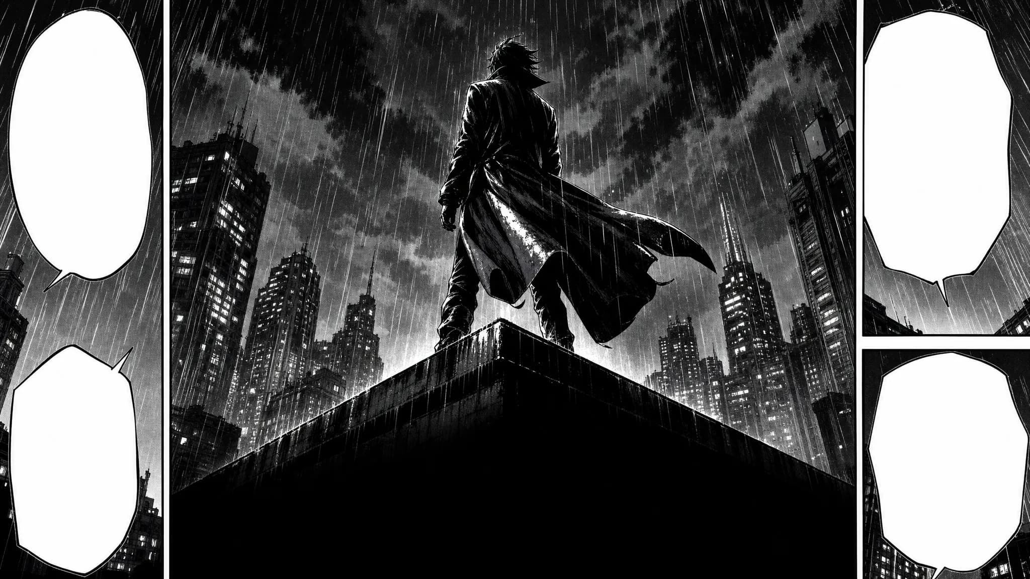 KI-Manga-Generator – mit Tinte gezeichnete Schwarz-Weiß-Manga-Illustration einer Figur auf einem regengepeitschten Dach über einer von Neonlichtern erhellten Stadt