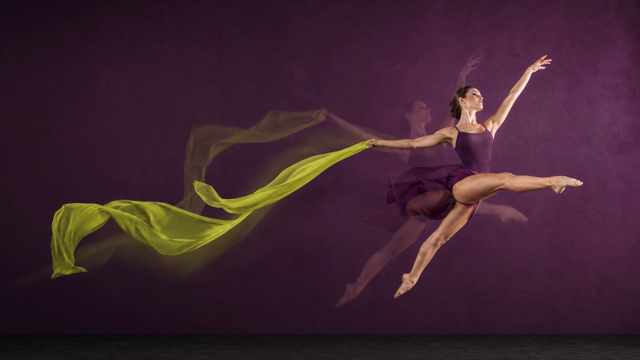 AI motion control — motion-blur action shot of dancer mid-leap translucent character overlay